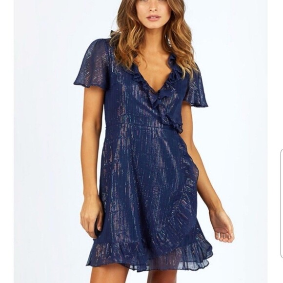 Cleobella Rocky Barnes Navy Metallic Wrap Mini Dress Ruffle Size M NWT - Picture 1 of 12